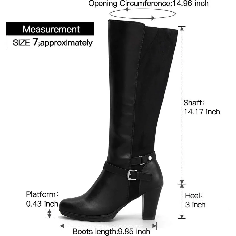 Women's Splicing Black Knee High Imported Chunky Heel Boots With Zipper Shoes - Picture 6 of 6